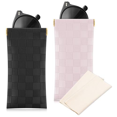 Sightor Sunglasses Case, 2 Pcs Soft Eyeglass Cases Checkered Sunglass Case Portable Squeeze Top Leather Glasses Pouch - color: Black, Pink
