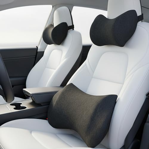 Lumbar Support Pillow for Car, Car Neck Pillow Kit for Pain Relief with Adjustable Strap, Car Headrest Pillow Ergonomic Design for Comfort - color: Black