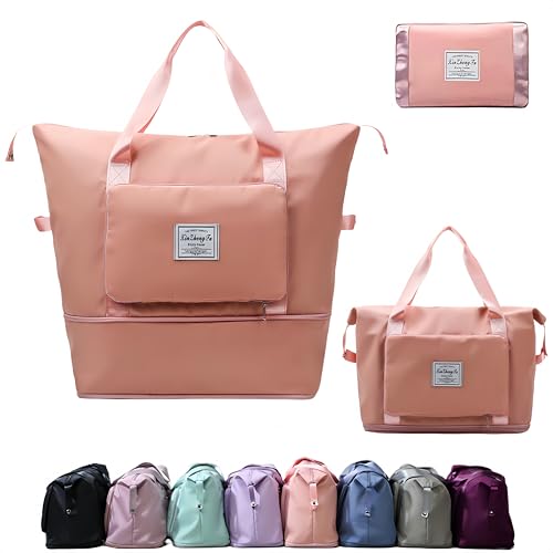 Large Capacity Foldable Travel Bag, Expandable lightweight Carry on Bag, Dry with Wet Separation Spor Duffel Bags (Sweet Powder) - color: Sweet Powder
