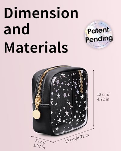 Wandering Nature Clear Makeup Bag for Purse, Mini Make up Bag with Glitter Star Pattern, Cute Cosmetic Pouch for Women with Slip-in Pockets, Travel Toiletry Essentials Vegan Leather Organizer Pouch - color: Black Star