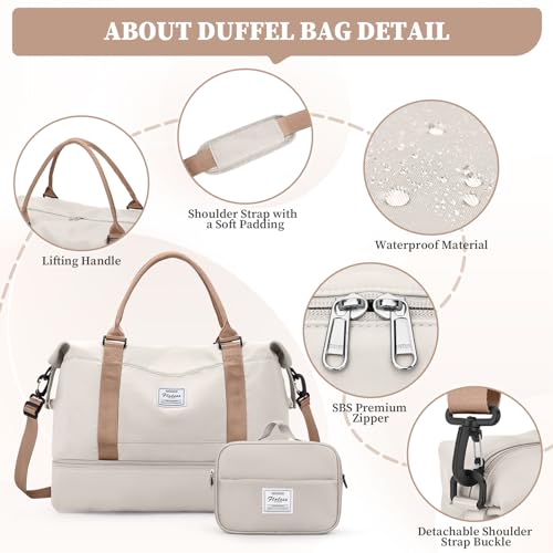 Weekender Bags for Women,Overnight Travel Duffel Bag with Shoes Compartment& Toiletry Bag,Extra Large(Beige & Brown) - color: Beige & Brown, size: Extra Large