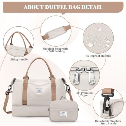 Weekender Bags for Women,Overnight Travel Duffel Bag with Shoes Compartment& Toiletry Bag,Extra Large(Beige & Brown) - color: Beige & Brown, size: Extra Large
