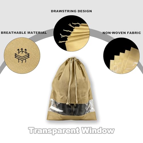 20 Pack Shoe Bags for Travel, 17" x 12.6" Drawstring Shoe Organizers with Clear Window, Breathable Non-Woven Dustproof Pouches for Luggage & Closet (khaki) - color: khaki