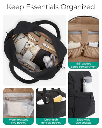 BAGSMART Gym Bag for Women, Lightweight Puffer Duffle Bag 2-PC Travel Bag, 31L Weekender Overnight Bag Quilted Carry On Tote Bag, Diaper Hospital Dance Bag for Travel, Gym, Water Resistant, Black - color: Black