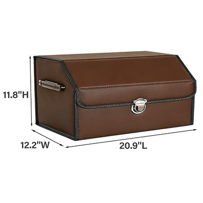 Leather Storage Box Car Trunk Organizer for Trunk SUV Sedan, Leather Foldable Storage Box with Lid (Brown 20.9" L*12.2" W*11.8" H) - size: Brown 20.9"L*12.2"W*11.8" H