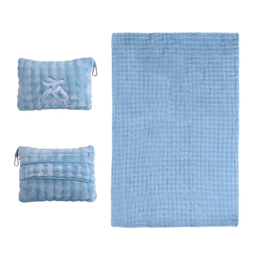 Travel Blanket and Pillow-2-in-1, Ultra-Soft&Compact, Airplane Blanket with Hand Luggage Belt and Backpack Clip,Travelers Accessories Gifts, 61x43 Inches（Blue） - color: Blue