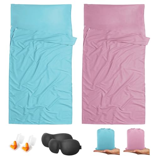Sleeping Bag Liner,Travel Sheet & Adult Sleep Sack, Camping Sheets Travel Sleep Sack for Backpacking,Hotels & Hostels -Lightweight Single &Double Travel Sheet Camping Sheets - color: Single Dark Pink and Glacier Blue