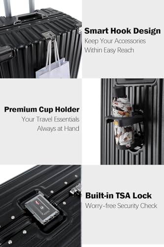 HotWay 26 Inch Aluminum Frame Luggage with Spinner Wheels, PC Hard Shell Suitcase with Cup Holder, Zipperless Luggage for Business Travel, Black - color: Black (PC+Aluminum), size: Checked in 26inch
