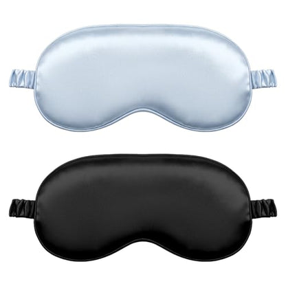 2Pcs Silk Sleeping Mask, Soft Breathable Blackout Eyeshade Comfortable Adjustable Satin Eye Shade for Women Sleep Travel Nap Bridesmaid Gifts (Blue, Black)