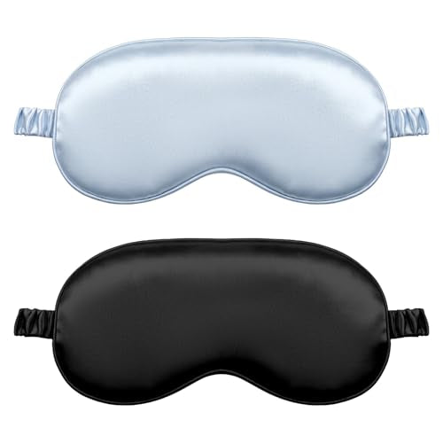 2Pcs Silk Sleeping Mask, Soft Breathable Blackout Eyeshade Comfortable Adjustable Satin Eye Shade for Women Sleep Travel Nap Bridesmaid Gifts (Blue, Black)