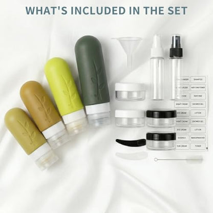 DEPOZA Travel Bottles Kit (16 Pack) - TSA Approved, Leak Proof Silicone Squeezable Containers for Toiletries. Complete Set with Jars, Sprayers & Bag (M-Green) - color: M-Green