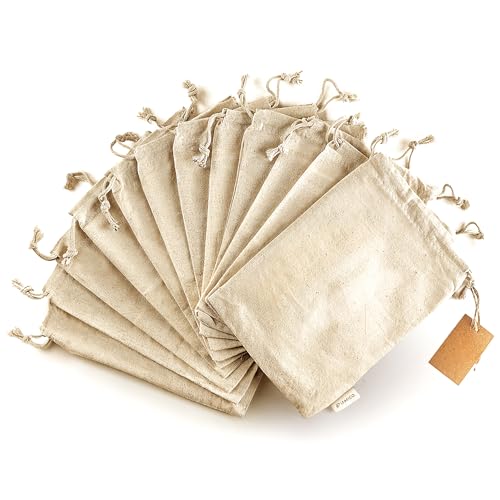 LEAFICO Organic Cotton Reusable Produce Bags - Small 5x7 (12 Pack) - Biodegradable Eco-Friendly Bulk Bin Sacks for Food - Cloth Bags with Drawstrings - Linen Pouch for Fruit, Vegetable Storage - size: Small 5x7" (12 Pack)