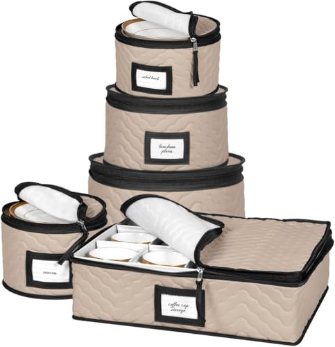 China Storage Containers 5-Piece Set Moving Boxes for Dinnerware, Glasses, Plates, Mugs and Saucers Sturdy Quilted Microfiber Dish Organizer with Dividers for Seasonal Storage - Holds Set of 12, Brown - color: Brown