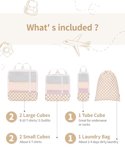Narwey 6 Set Compression Packing Cubes for Travel Women Men, Travel Cubes for Carry On Suitcase, Durable Compression Luggage Organizer Bags - color: Z-Light Checkerboard
