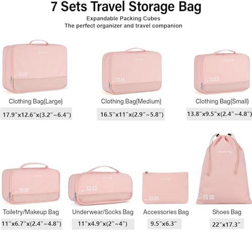 Hanke 7 Set Compression Packing Cubes for Travel, Expandable Large Packing Cubes for Suitcases and Backpack, Luggage Packing Organizer Bags with Double Zipper as Travel Essentials