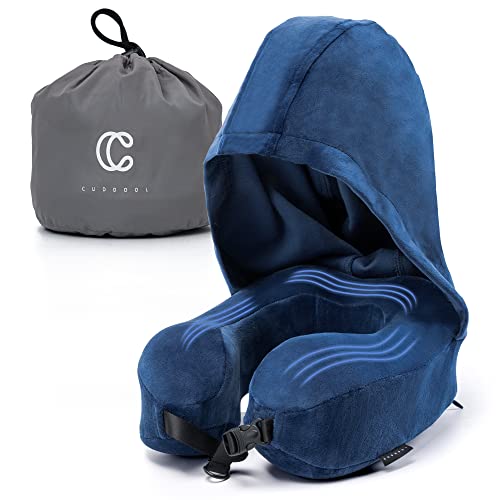 Neck Pillow with Hood - Memory Foam Neck Pillow Head Chin Support, Airplane, Car, Office & Home Sleep Rest Travel Pillows with Hood (Navy Blue, M)