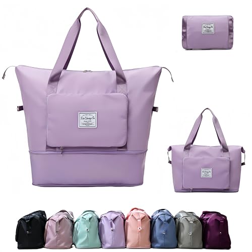 Large Capacity Foldable Travel Bag, Expandable lightweight Carry on Bag, Dry with Wet Separation Spor Duffel Bags (Purple) - color: Purple