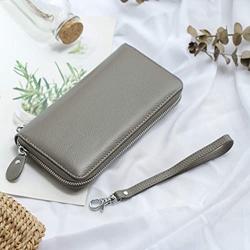 Moflycom Womens Wallet RFID Blocking Genuine Leather Zip Around Wallet Clutch Wristlet Travel Long Purse for Women - color: Grey