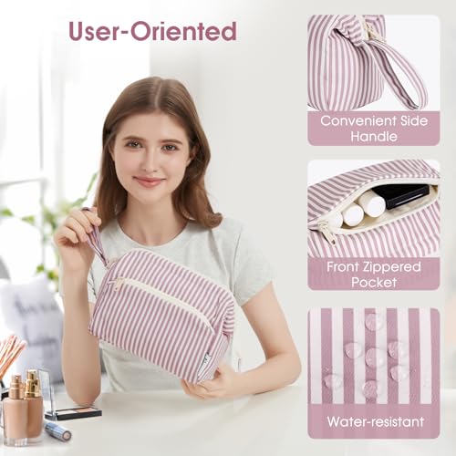 Narwey Striped Makeup Bag Women Wide-open Make up Bag Travel Cosmetic Bag Organizer Toiletry Bag for Cosmetics Toiletries Accessories (Dusty Rose Stripe) - color: ZY-Dusty Rose Stripe