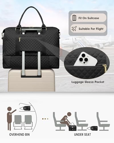 Womens Weekender Travel Overnight Bag: Carry On Bag with Shoe Compartment | Duffle Bags, Carry On Bag with Wet Pocket, Yoga Gym, Travel Bags with Toiletry Bag, Trips Hospital Bags Black - color: 1-Black, size: Large