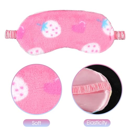 2PCS Plush Sleeping Eye Mask Soft Plush Eye Mask Fuffy Eye Cover Comfortable Sleep Mask Blindfold Rainbow Faux Fur Eye Shade for Women, Men and Kids Travel Nap Sleeping - color: Strawberry