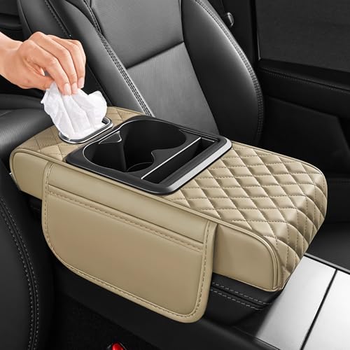 5 in 1 Car Center Console Cover, Armrest Pad with 2 Storage Pockets, Cup Holder, Tissue Slot, Phone Holder, Nappa Leather Memory Foam Car Accessories for SUV Sedan Truck (Beige) - color: Beige