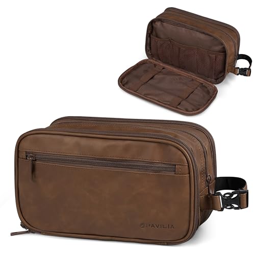 PAVILIA Toiletry Bag for Men, Travel Pouch Essentials Shaving Dopp Kit, Travel Bag Toiletries Organizer Case, Cosmetic Make Up Accessory, Water Resistant - color: Light Brown, size: Extra Large (12x6x7)