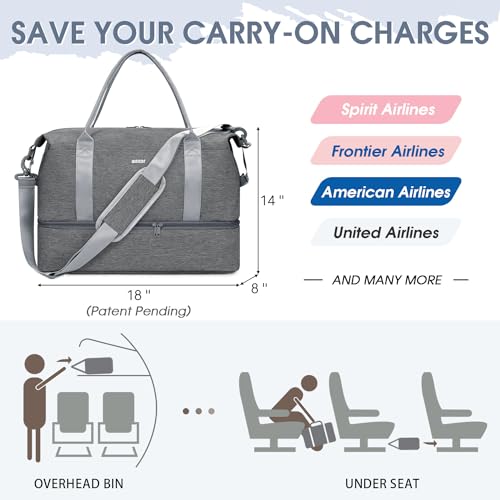 For Spirit Airlines Personal Item Bag Underseat Carry On Bag with Wet Pocket & Shoe Compartment & USB Charging Port - color: Grey