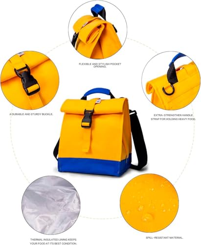 SUNNY BIRD Insulated Lunch Bag Rolltop Lunch Box Tote Lunchbox Bag for Women, Men, Boys and Girls (Yellow) - color: Yellow