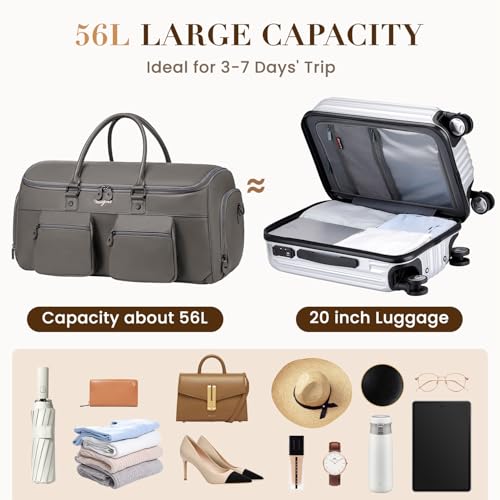Suit Bag Travel,Vessgra 2 in 1 Leather Duffle Bags for Men 56L Duffel Bags for Traveling PU Leather Garment Bag with Shoe Compartment,Travel Carry on Bag Weekender Bussiness Wedding,Grey - color: Grey