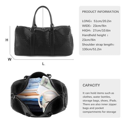 Weekender Bags for Women Woven Leather Travel Duffle Bag with Shoe Compartment, Carry On Garment Bag for Men Women, Large Capacity Water-resistant Gym Tote (Black) - color: Black