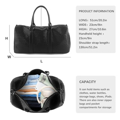 Weekender Bags for Women Woven Leather Travel Duffle Bag with Shoe Compartment, Carry On Garment Bag for Men Women, Large Capacity Water-resistant Gym Tote (Black) - color: Black