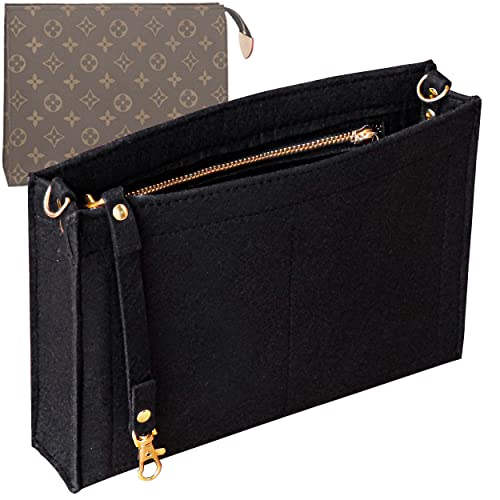 Toiletry Pouch - 26cm Bag Organizer Insert, Felt Purse Organizer Insert for Ladies Tote Handbag Liner with Keychain & Gold Buckle & Zip (Large, Black) - color: Black, size: Large-26