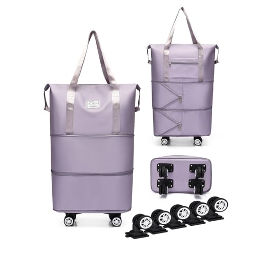 Expandable Foldable Duffel Bag with Detachable Wheels, 64L Large Capacity Rolling Travel Duffle Bag, Lightweight Carry on Luggage with Spinner Wheels, Weekend Gym Tote Bag (Light Purple) - color: Light Purple