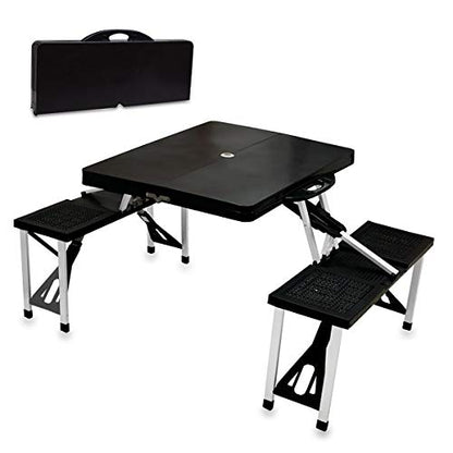 Picnic TIME Portable Folding Picnic Table with Seats for 4, Collapsible Aluminum Table with Benches & Umbrella Hole, Lightweight Foldable Table for Camping, Travel, Backyard, Tailgating | with Umbrella Hole - color: Black
