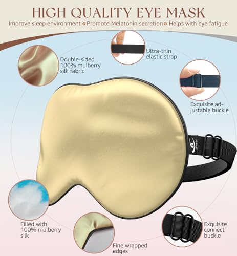 HiRui Silk Sleep Mask, 100% Natural Mulberry Silk of Double-Sided & Inner-Filling, Ultra-Smooth Soft, Adjustable Strap, Blocks Light for Night Sleeping, Travel, Office Naps (Champagne) - color: Champagne
