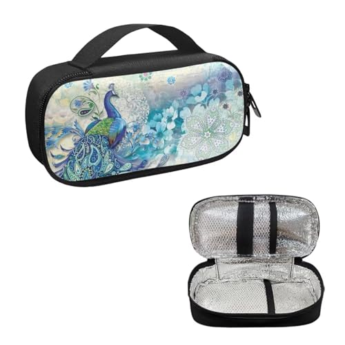Diabetes Travel Case for Blood Sugar Monitor, Peacock Print Diabetic Medication Insulated Cool Organizer with 2 Zipper + 2 Inner Compartments for Travel Essential - color: Peacock Print