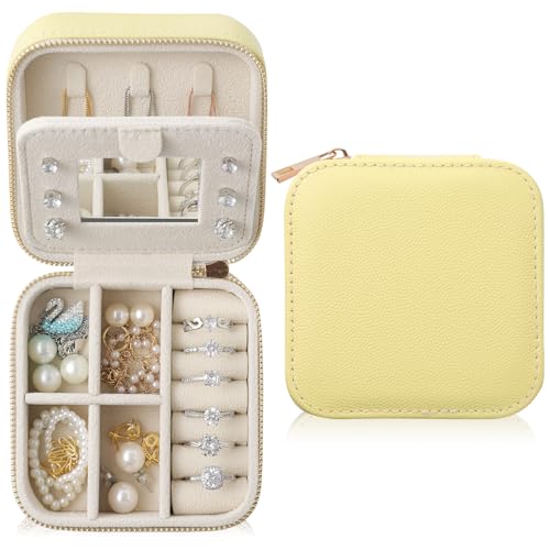 Genuine Leather Travel Jewelry Case Organizer with Mirror for Women, Small Jewelry Box Portable Mini Jewelry Case for Earring, Ring, Necklace, Bracelet（Caviar Grain Light Yellow） - color: Caviar Grain Leather Light Yellow