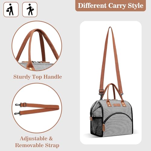LOKASS Lunch Bag Insulated Lunch Box Wide-Open Lunch Tote Bag with Removable Shoulder Strap for Women/Men Adults Work Picnic Hiking Beach Fishing(Stripes) - color: Black&White Stripes-Straps
