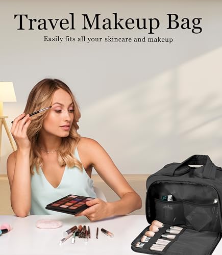 Travel Toiletry Bag for Women, Large Wide-open Puffy Cosmetic Makeup Bag with Wet-Dry Separation, Multi-Pocket Organizer with Carry Handle for Toiletries, Cosmetics, Essentials, Black - color: Black