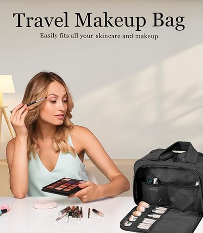 Travel Toiletry Bag for Women, Large Wide-open Puffy Cosmetic Makeup Bag with Wet-Dry Separation, Multi-Pocket Organizer with Carry Handle for Toiletries, Cosmetics, Essentials, Black - color: Black