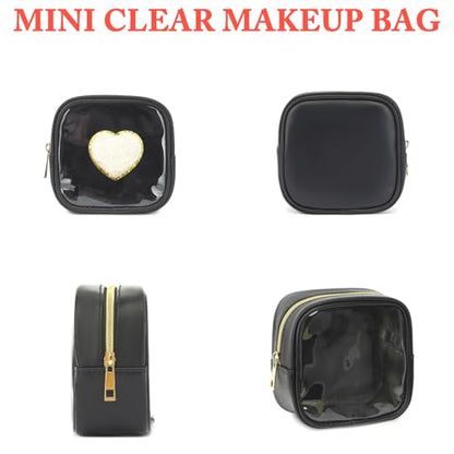 Fammart Clear Makeup Bag with 2 Cute Chenille patterns - Waterproof PU Leather Cosmetic Case, Mini Personalized Toiletry Pouch for Women & Teens, ideal for Travel & Gift - color: Clear, Mini - Black