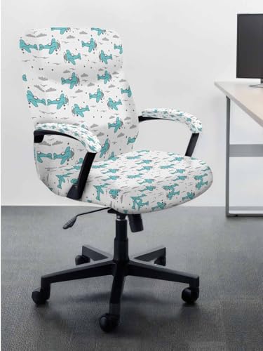 Turquoise Airplane Office Chair Covers with Armrest Covers, Rotating Chair Cover, Modern Abstract Art Cartoon Clouds Gaming Chairs Slipcovers with Elastic for Armchair, Medium - color: Grey, size: M with 2 Armrest Covers