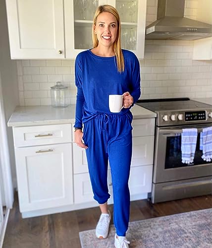 PRETTYGARDEN Women Fall 2 Piece Lounge Outfit Long Sleeve Tops High Waisted Jogger Pants Set Spring Travel Clothes Tracksuit - color: Blue, size: Small