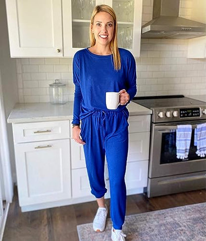 PRETTYGARDEN Women Fall 2 Piece Lounge Outfit Long Sleeve Tops High Waisted Jogger Pants Set Spring Travel Clothes Tracksuit - color: Blue, size: Small