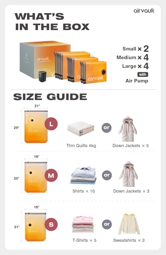 AirVault Vacuum Storage Bags for Travel & Home - Space Saver Compression Packing Bags Set for Clothes, Blankets & Seasonal Storage, Small (2), Medium (4), Large (4) (Orange,10-Pack Combo) - style: 10-Pack | Combo (S/M/L)