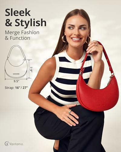 Vantamo Crescent Bags For Women with RFID Protection, Half Moon Clutch Purses for Women with Anti-Theft Clip for Extra Safety - color: Red