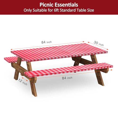 7ft Picnic Table and Bench Cover, Camping Essentials RV Gear, 84 in Waterproof Windproof Outdoor Elastic All Around Tablecloth, Fitted Rectangle Tables and Seats, Red-White Checkered - color: Red-white Checkered, size: 84"