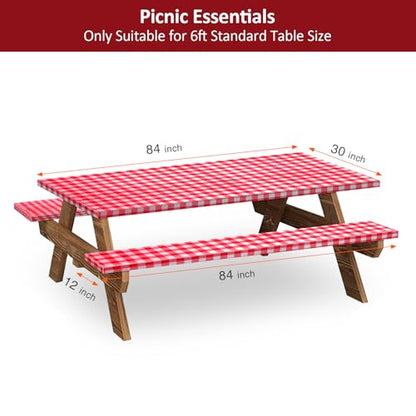 7ft Picnic Table and Bench Cover, Camping Essentials RV Gear, 84 in Waterproof Windproof Outdoor Elastic All Around Tablecloth, Fitted Rectangle Tables and Seats, Red-White Checkered - color: Red-white Checkered, size: 84"