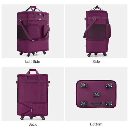 Hanke Expandable Large Suitcase 4 Wheels Lightweight Collapsible,Foldable Suitcases &Travel Bags Hand Luggage Extend 20/24/28 inch Suitcases Duffel Bag Without Telescopic Handle for Men & Women - color: Purple Upgrade Version 2